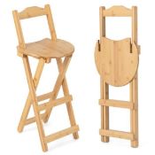 Set of 2 Folding Bar Stool Bamboo Kitchen Counter Height Stools with Backrest - ER53