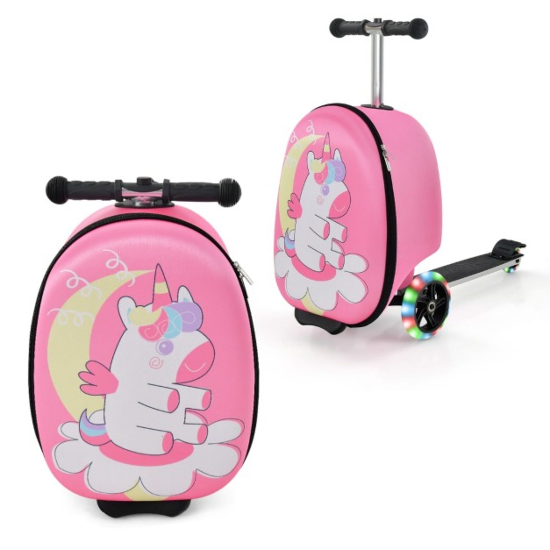 2-in-1 rolling suitcase & scooter with 3 colored illuminated wheels for traveling unicorn - ER53