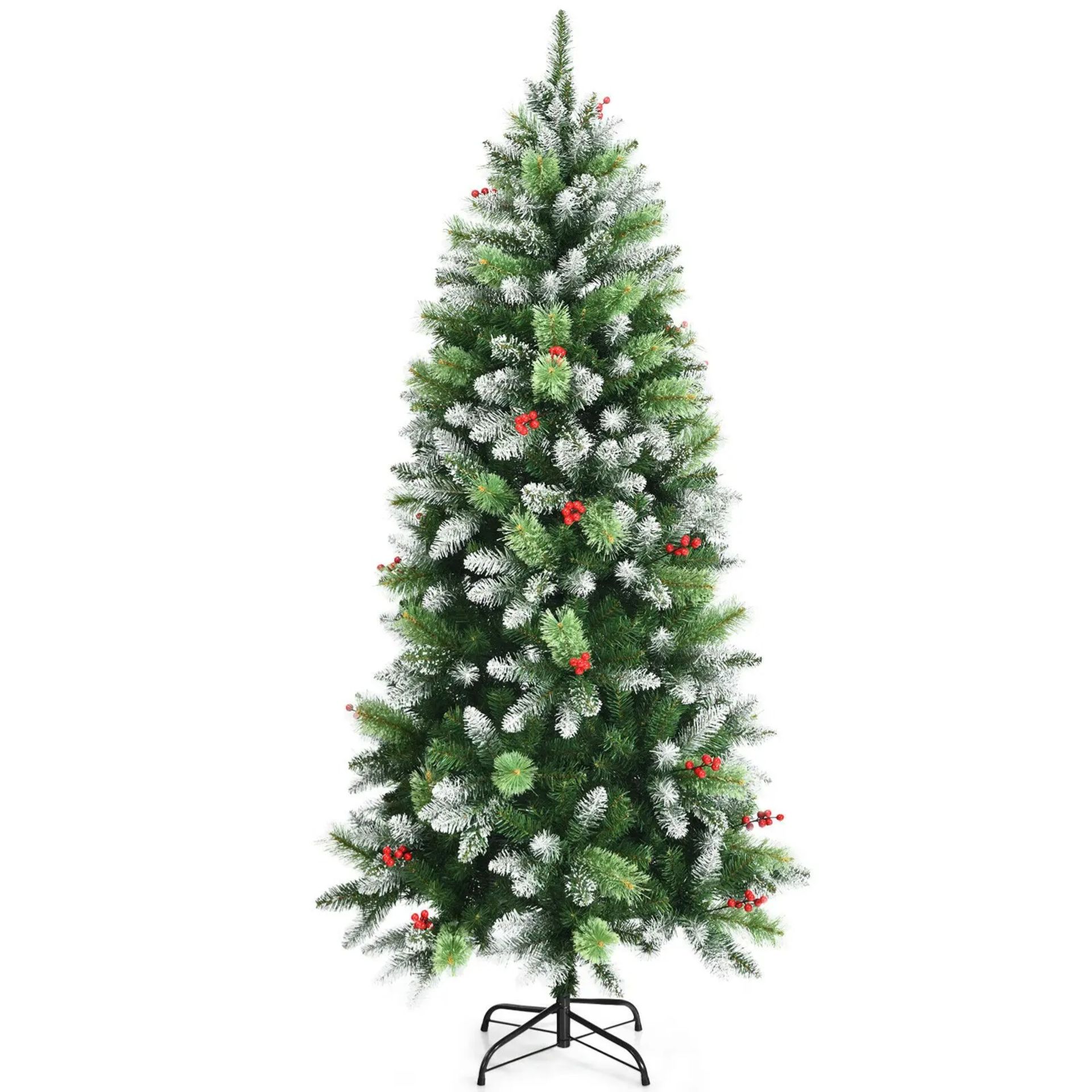 5ft Unlit Snowy Hinged Artificial Christmas Pencil Tree w/ Red Berries - ER54