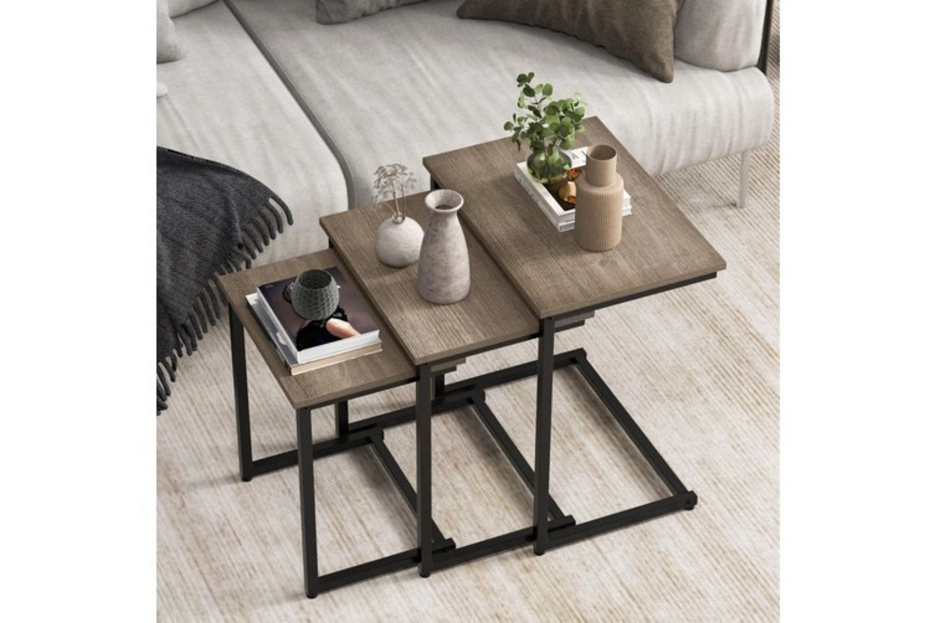 3pcs Nesting Coffee Table Set Wood Retro End Side Tables Metal Frame - ER54
