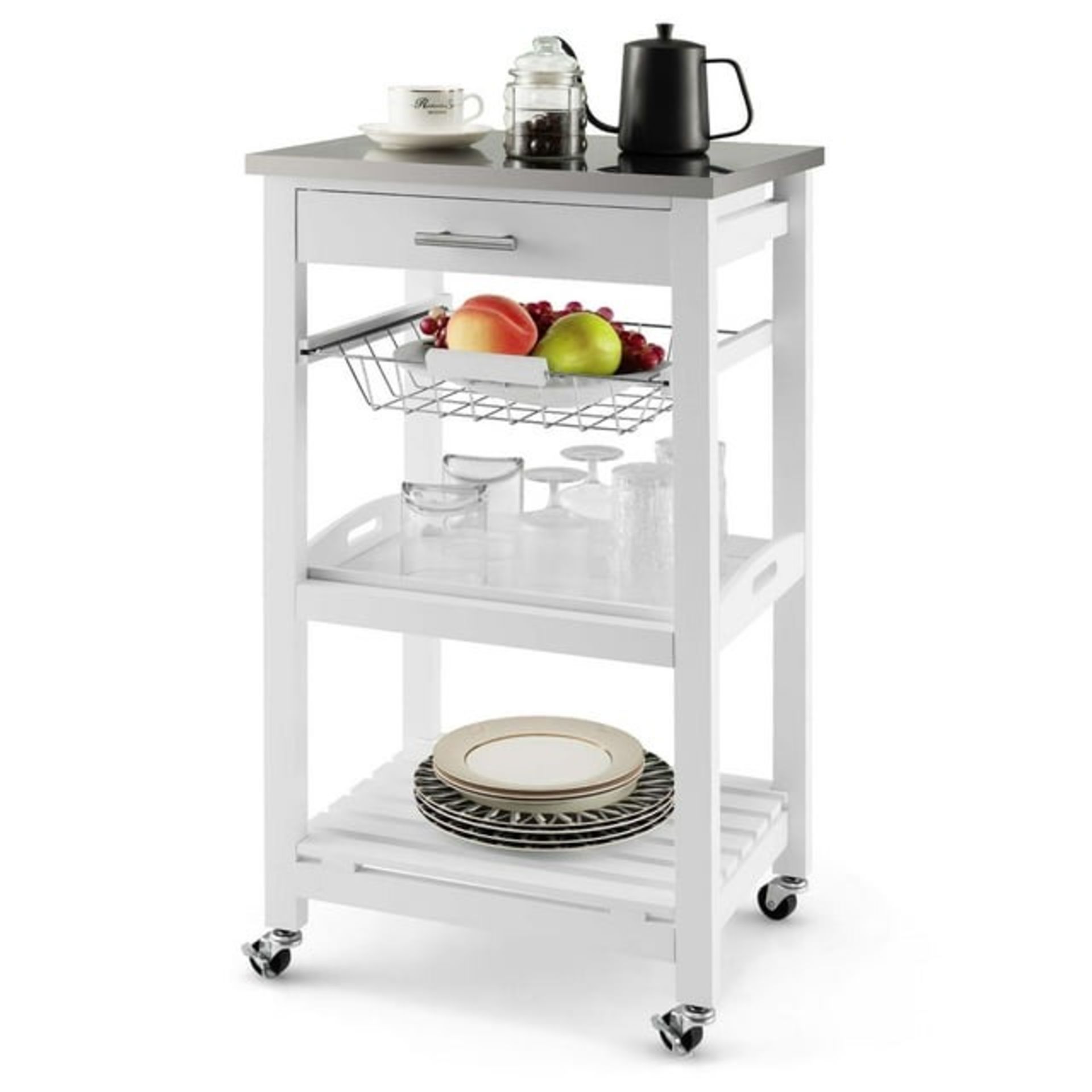 Compact Kitchen Island Cart Rolling Service Trolley withStainless Steel Top Basket - ER53