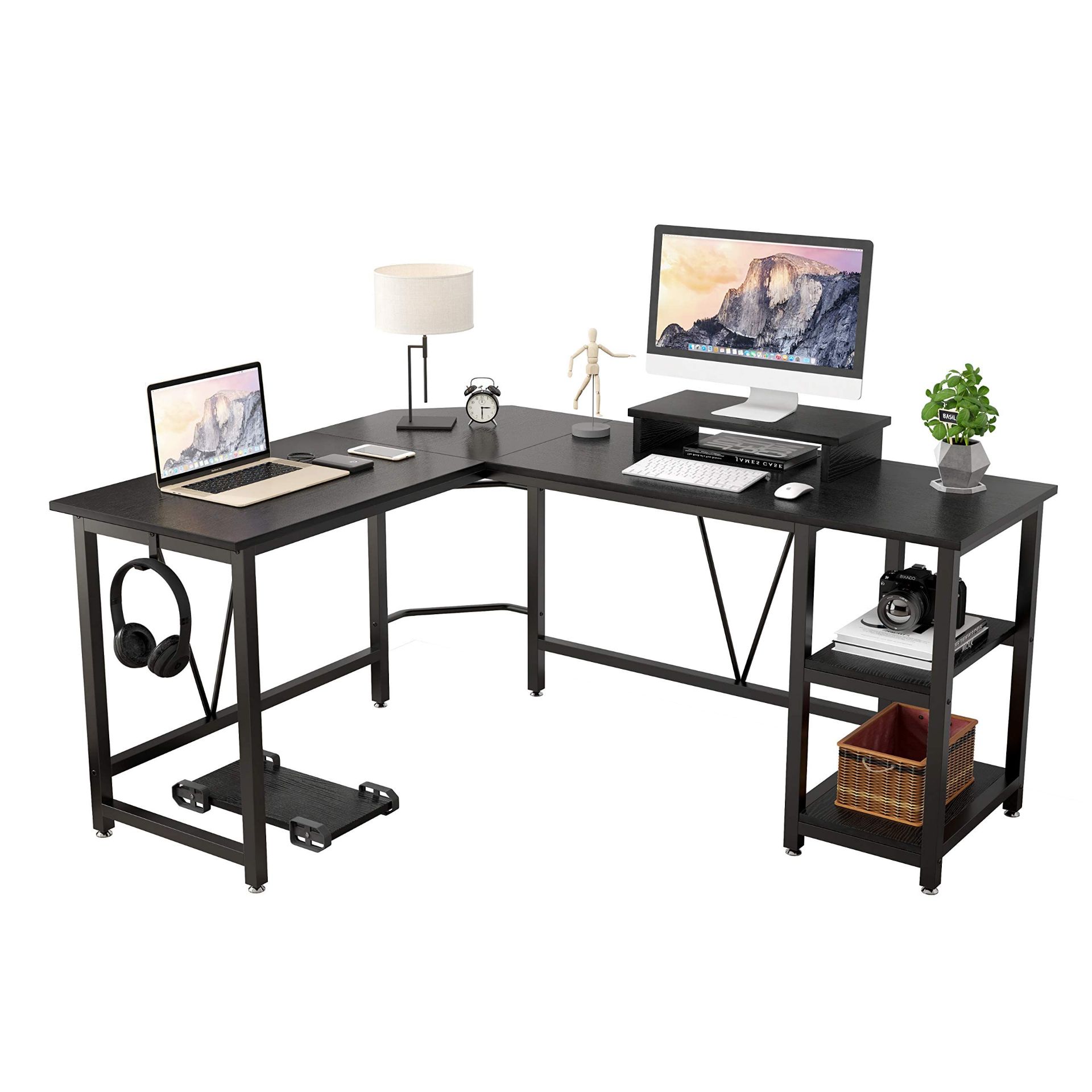 L-Shaped Corner Desk, Computer Table with 2-Tier Storage Shelves, 2 Cable Grommets, Computer Desk