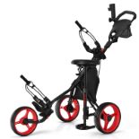 Folding 3 Wheels Golf Push Cart W/Seat Scoreboard Adjustable Handle Red - ER54