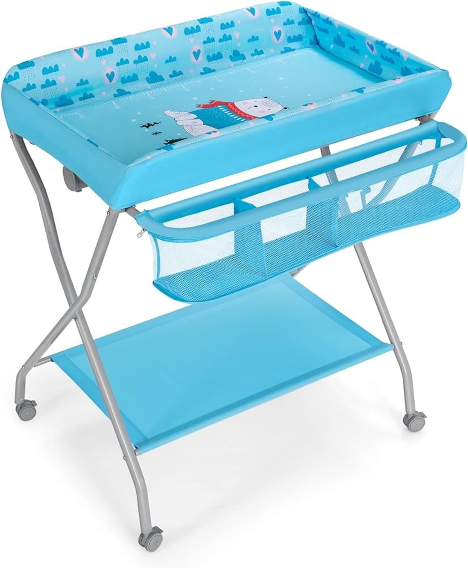 GYMAX Foldable Baby Changing Table, Rolling Infant Care Station with Storage Basket and Rack,