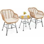 3 Pieces Patio Bistro Set Outdoor PE Rattan Armchairs w/Tempered Glass Table - ER54