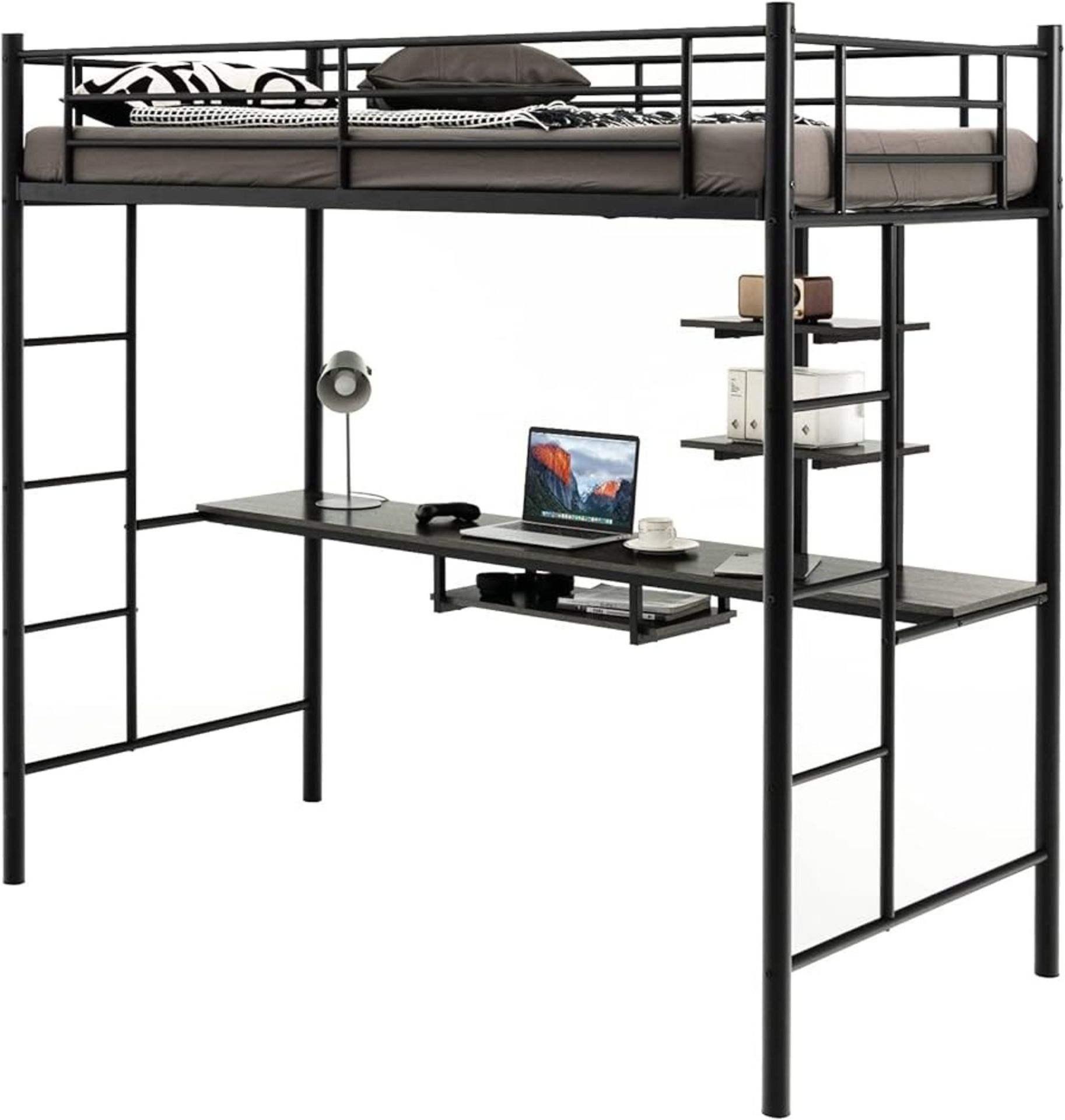Metal Bunk Bed with Desk, Shelves and Safety Guardrail, 2 Ladders Loft Bed Frame - ER54