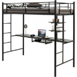 Metal Bunk Bed with Desk, Shelves and Safety Guardrail, 2 Ladders Loft Bed Frame - ER54