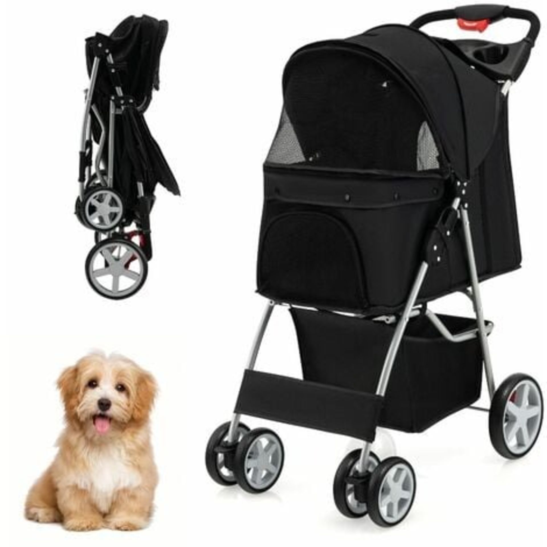 Folding Pet Stroller Portable Pet Travel Pushchair 4 Wheels with Storage Basket - ER53