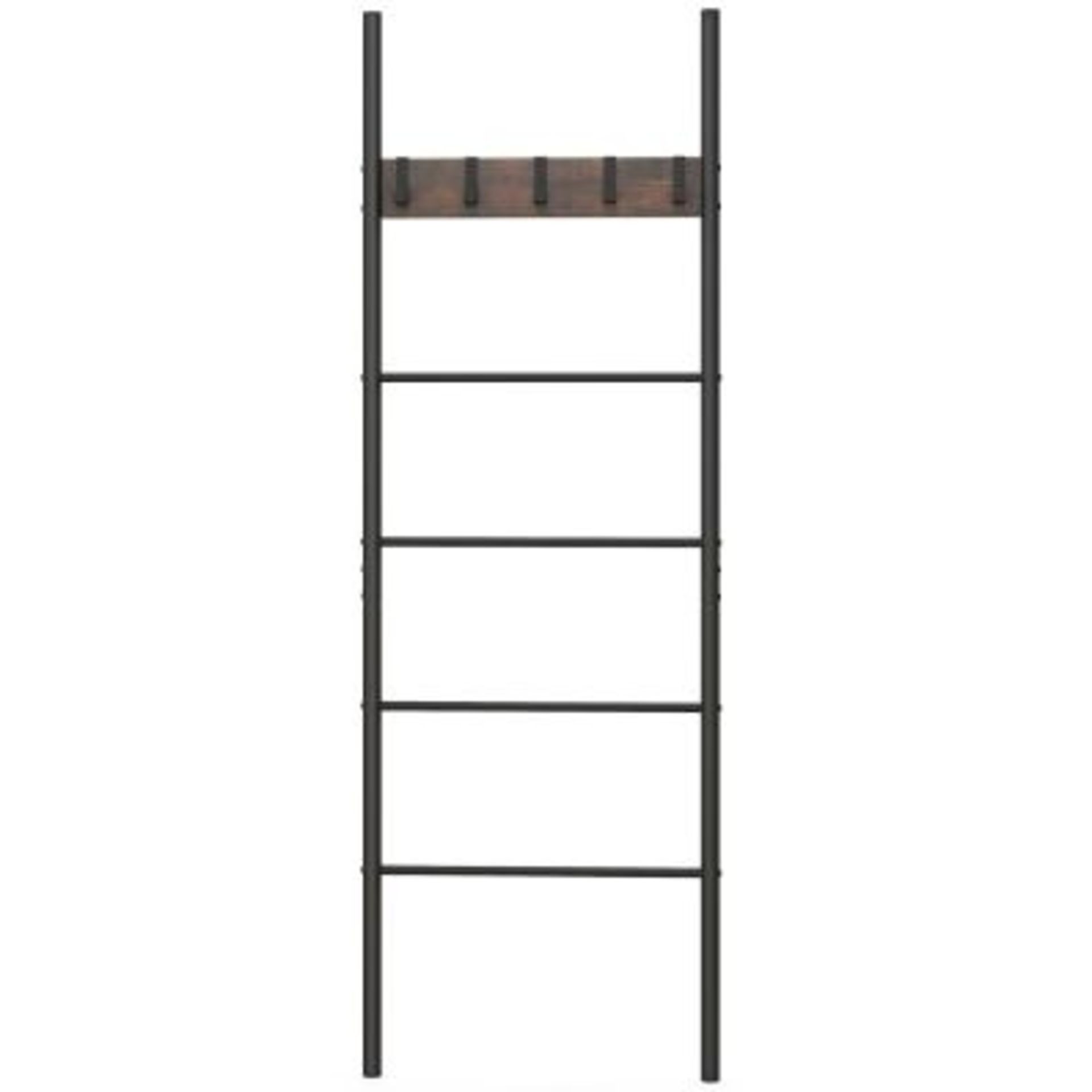 5-Tier Wall Leaning Blanket Ladder with 5 Removable Hooks and Industrial Blanket Holder Rack - ER53