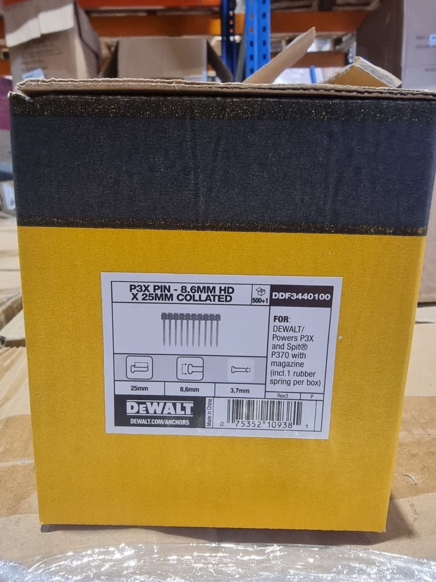 Trade Lot 100 x New Boxes of 500 Dewalt 3.7mm x 25mm HD P3X Pins Collated - DDF3440100. RRP £44.50