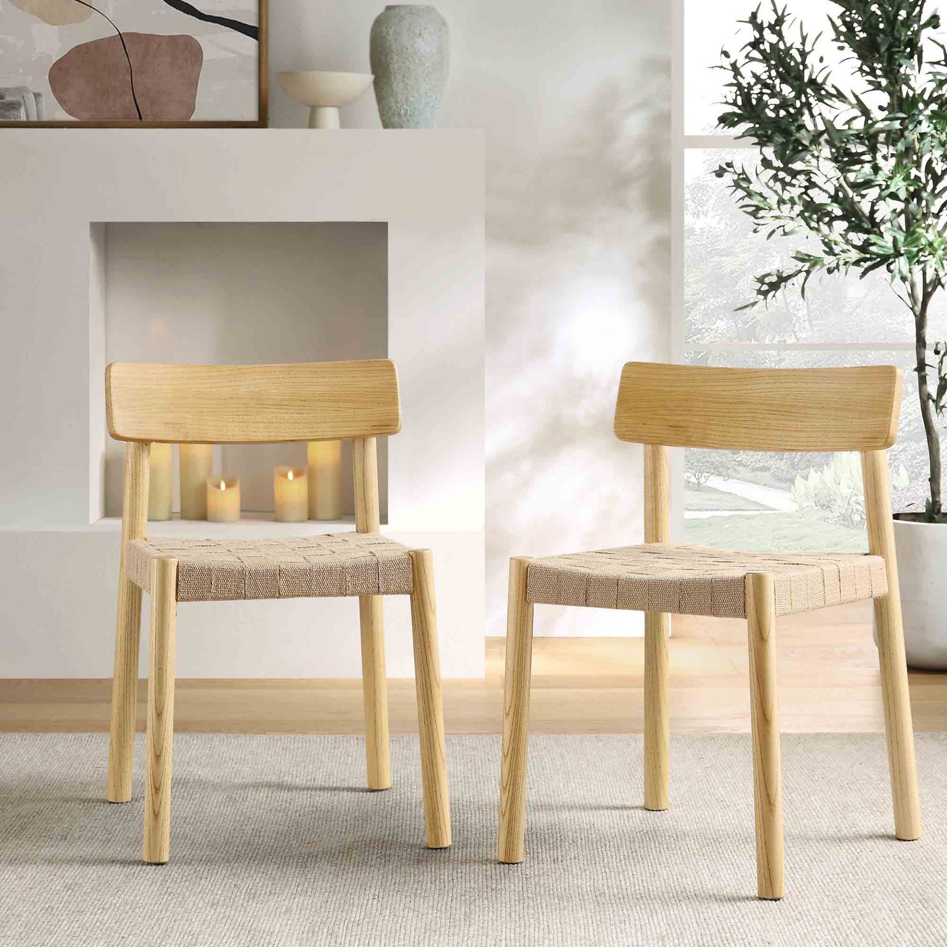 Ditton Set of 2 Elm Wood and Jute Dining Chairs, Natural - ER25