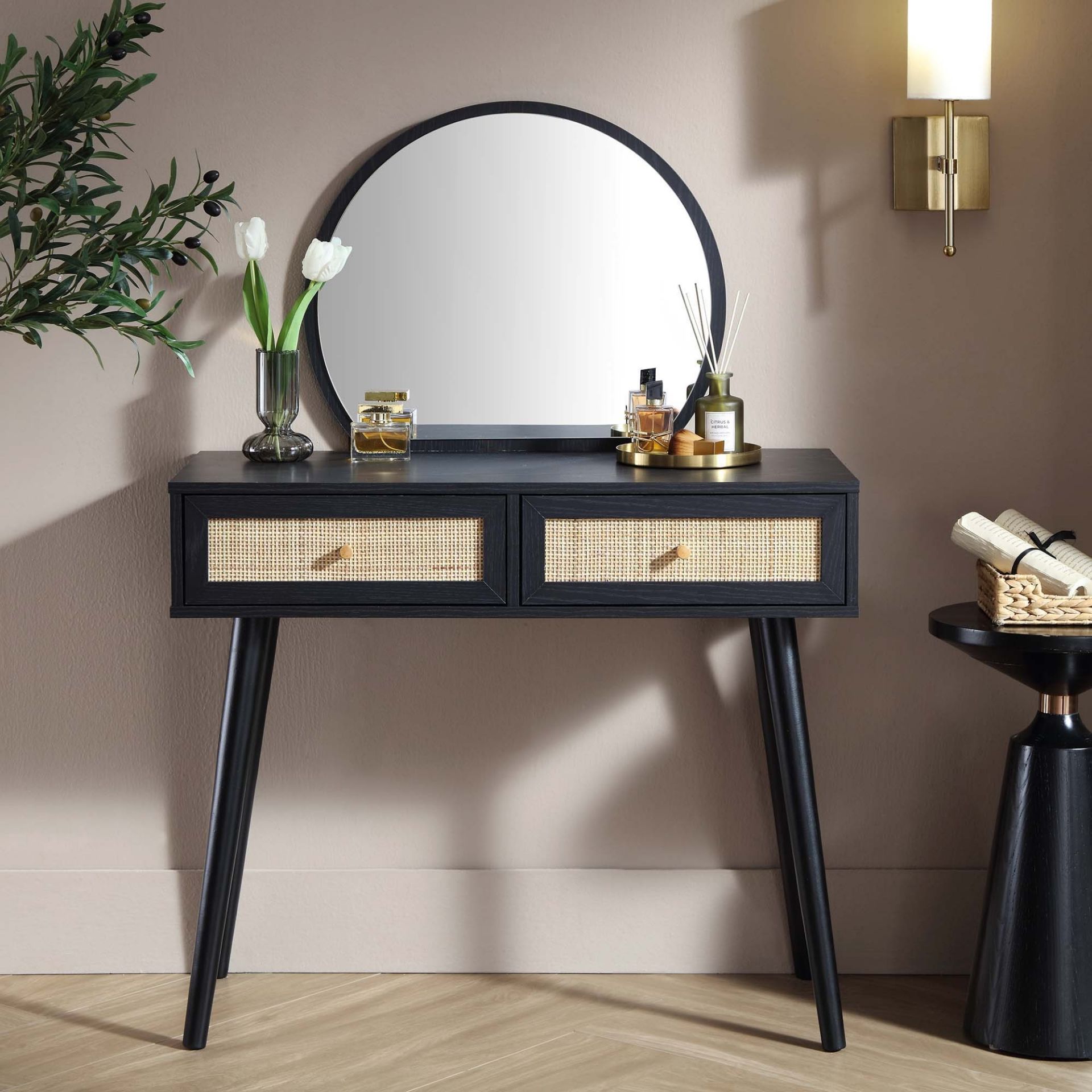 Frances Woven Rattan Dressing Table with Mirror, Black - ER30