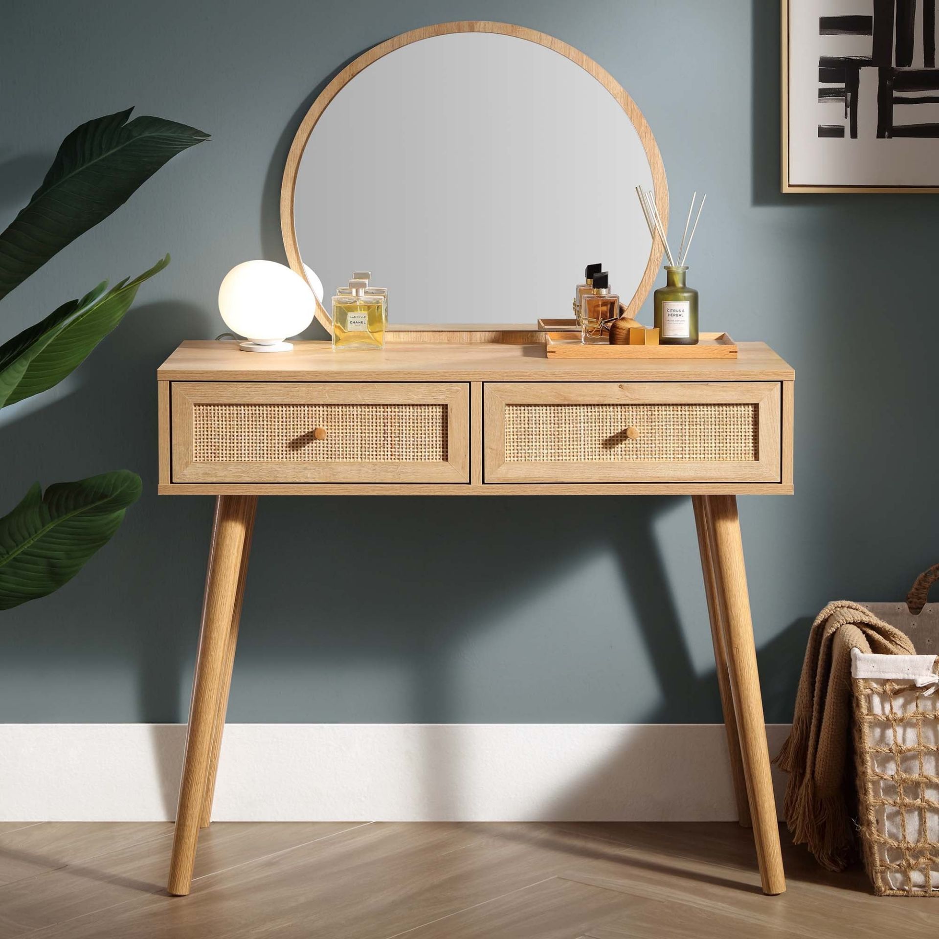 Frances Woven Rattan Dressing Table with Mirror, Natural - ER31