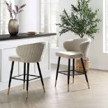 Langham Set of 2 Champagne Velvet Upholstered Carver Counter Stools - ER29