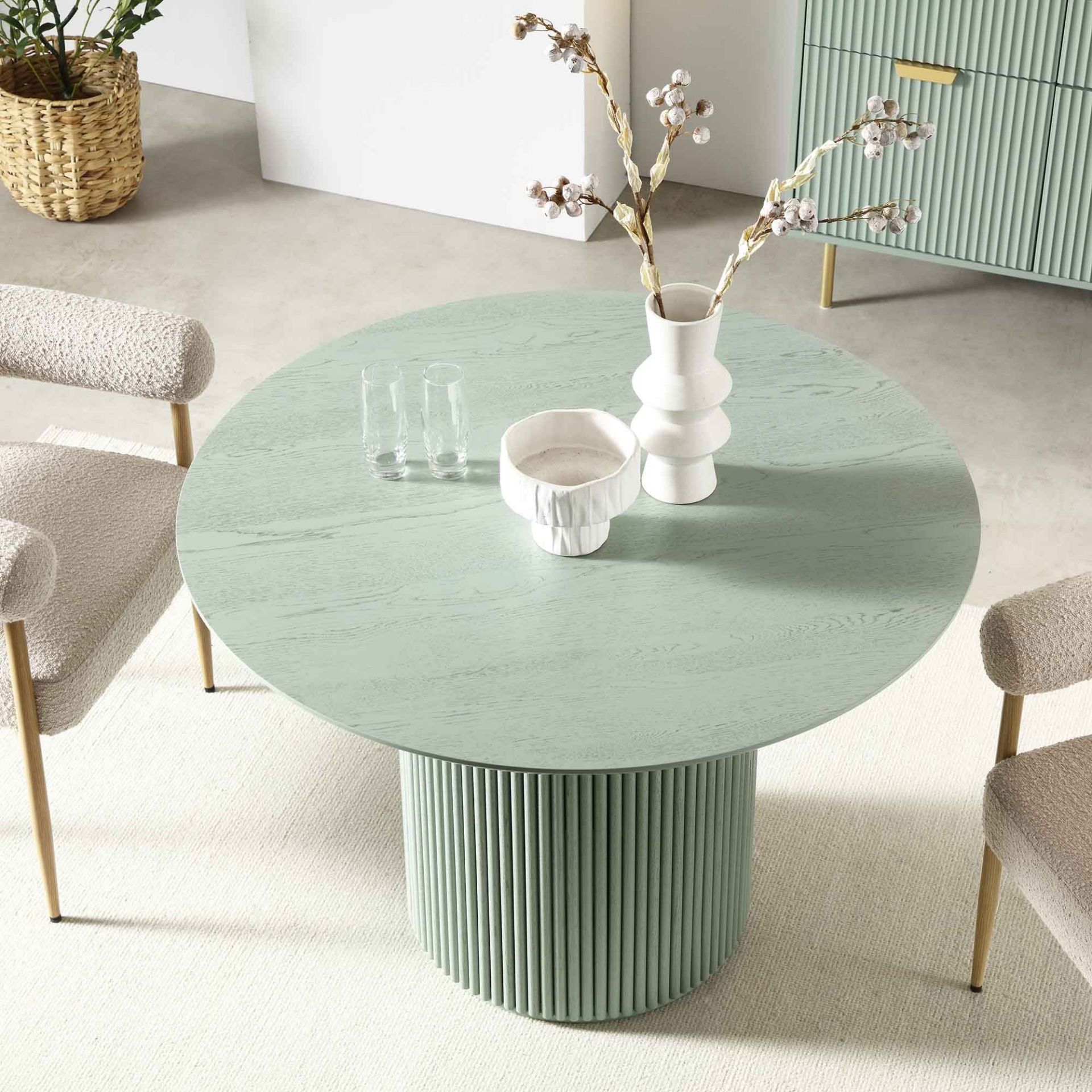 Maru Round Oak Pedestal Dining Table, Sage Green - ER28End