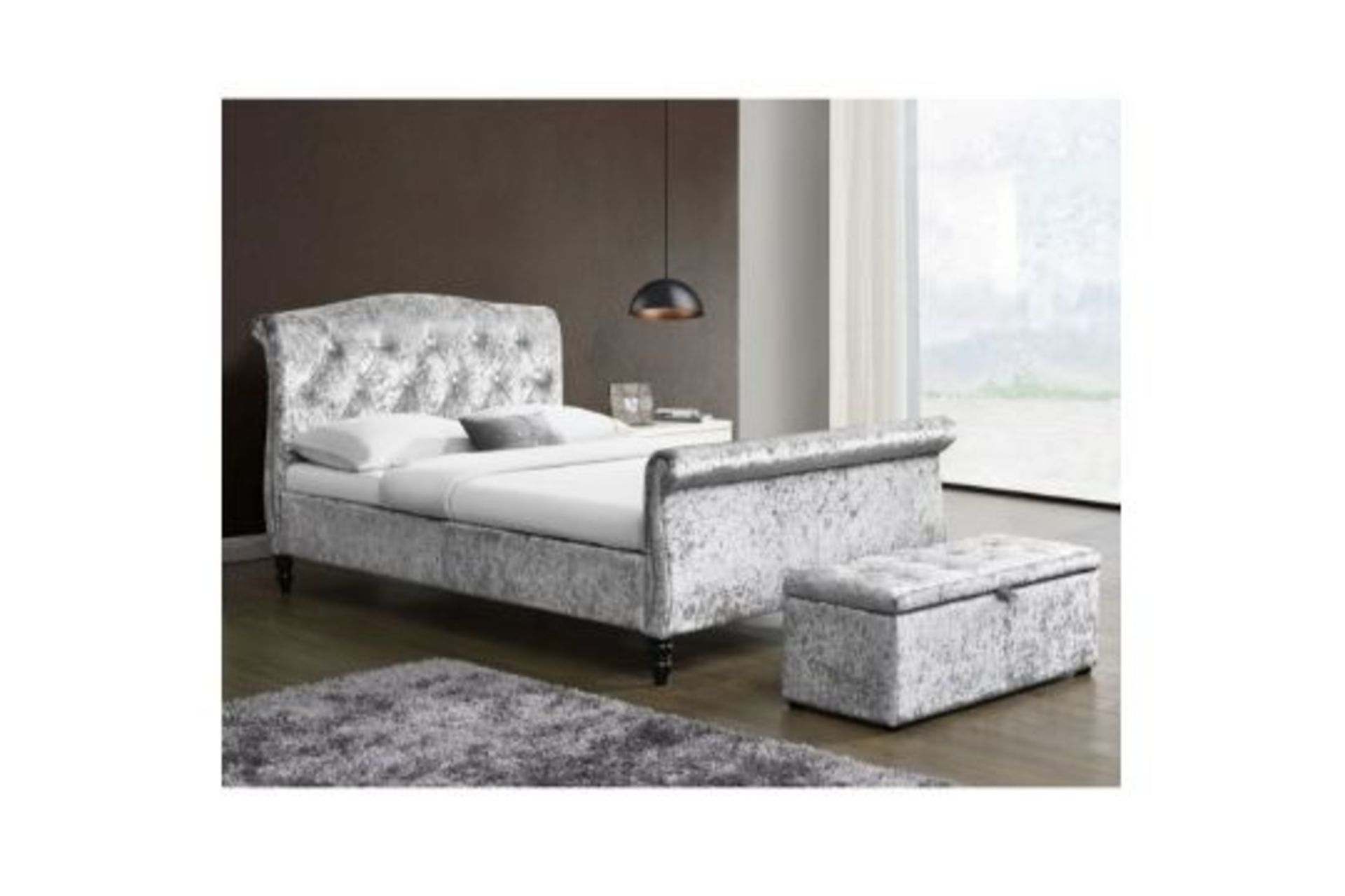 MEISSA Crushed Velvet Upholstered Double Bed with Diamante Headboard, Silver. - ER29. RRP £449.99. A