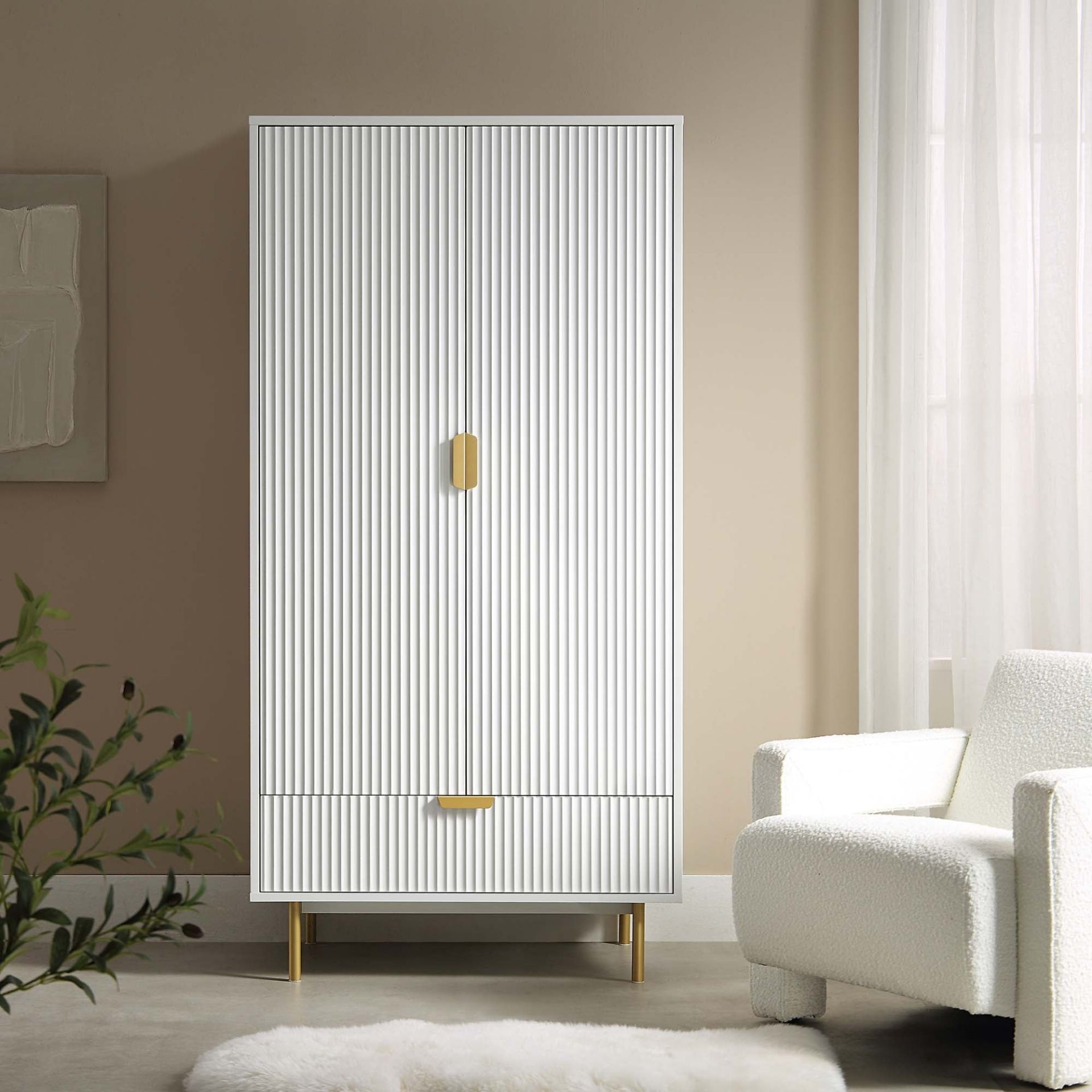 Richmond Ridged Double Wardrobe with Drawer, Matte White - ER29