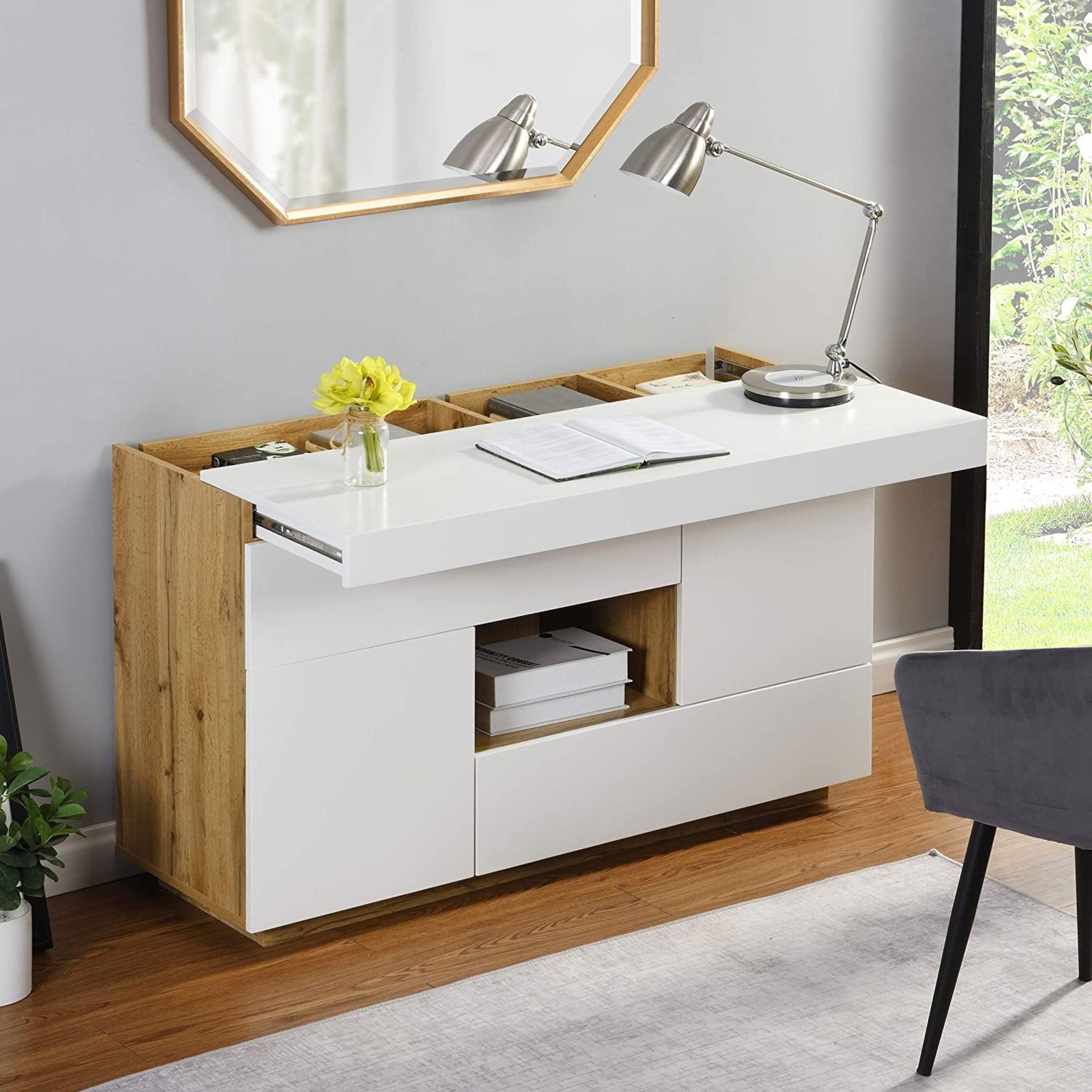 Yukon High Gloss White 2 in 1 Desk or Sideboard with Extendable Top - ER30