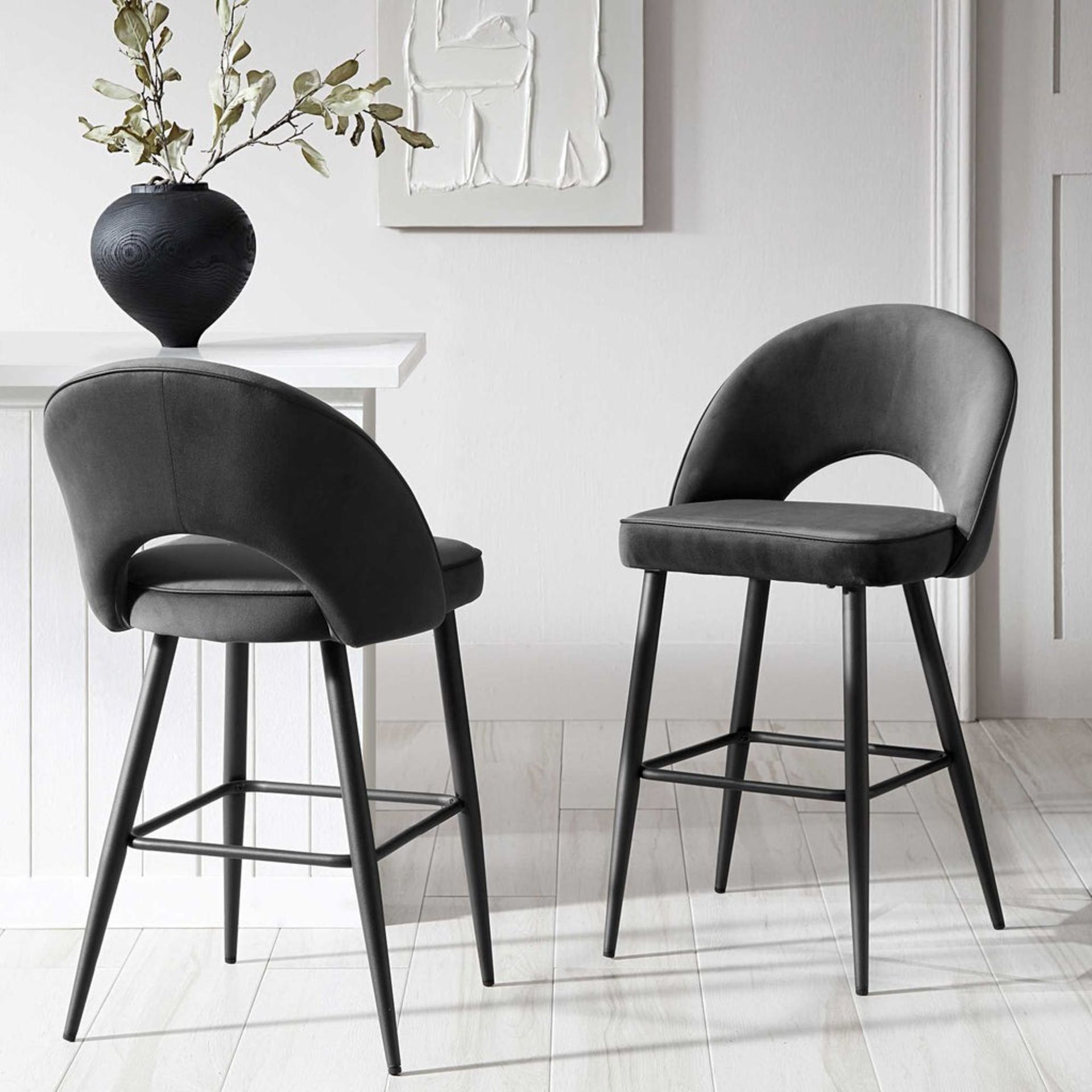 Oakley Set of 2 Dark Grey Velvet Upholstered Counter Stools with Contrast Piping - ER30