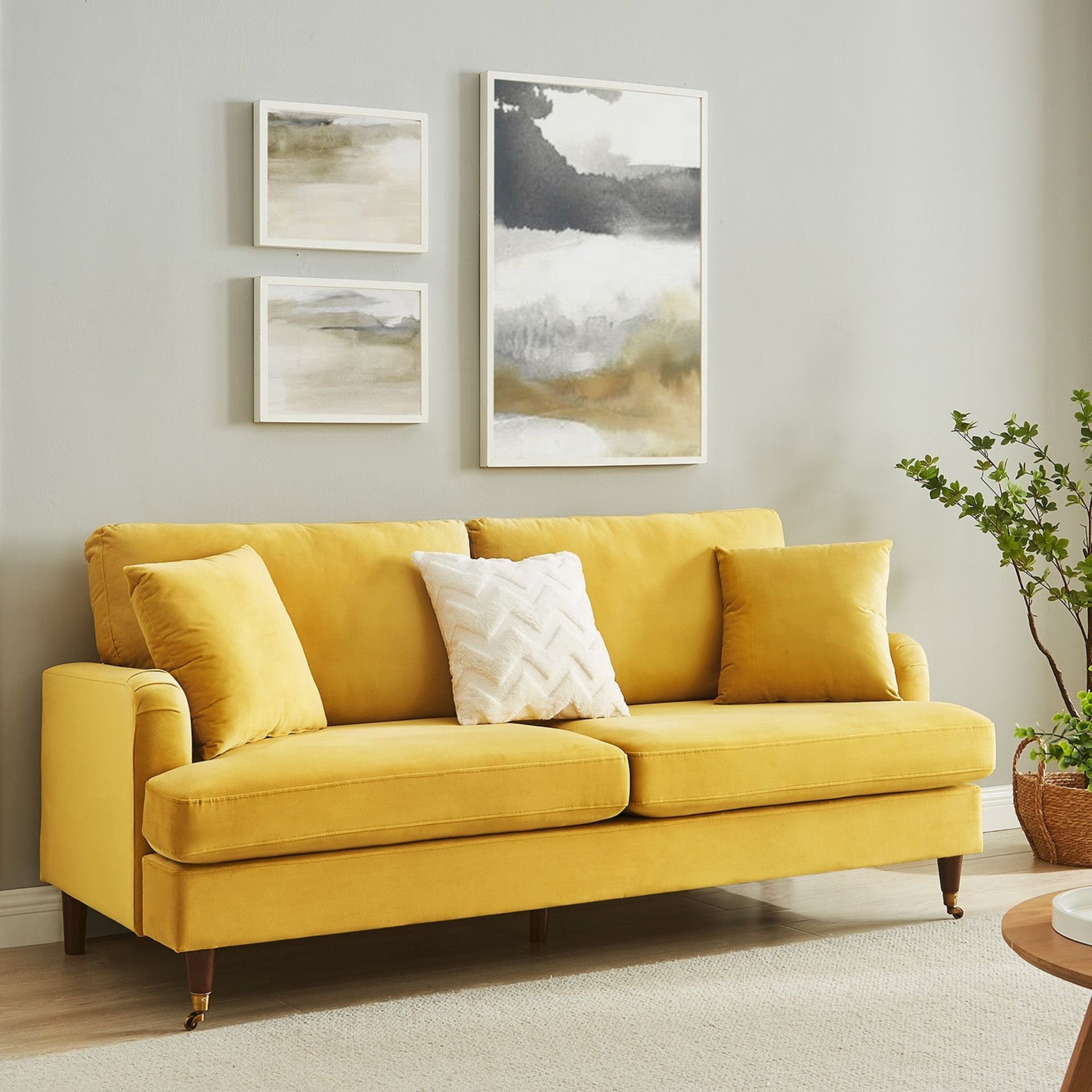 Brigette 3-Seater Mustard Velvet Sofa with Antique Brass Castor Legs - ER28