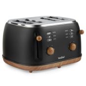 4 Slice Toaster - Nordic Matte Black and Wood Design 1500w - Fika Range - ER36