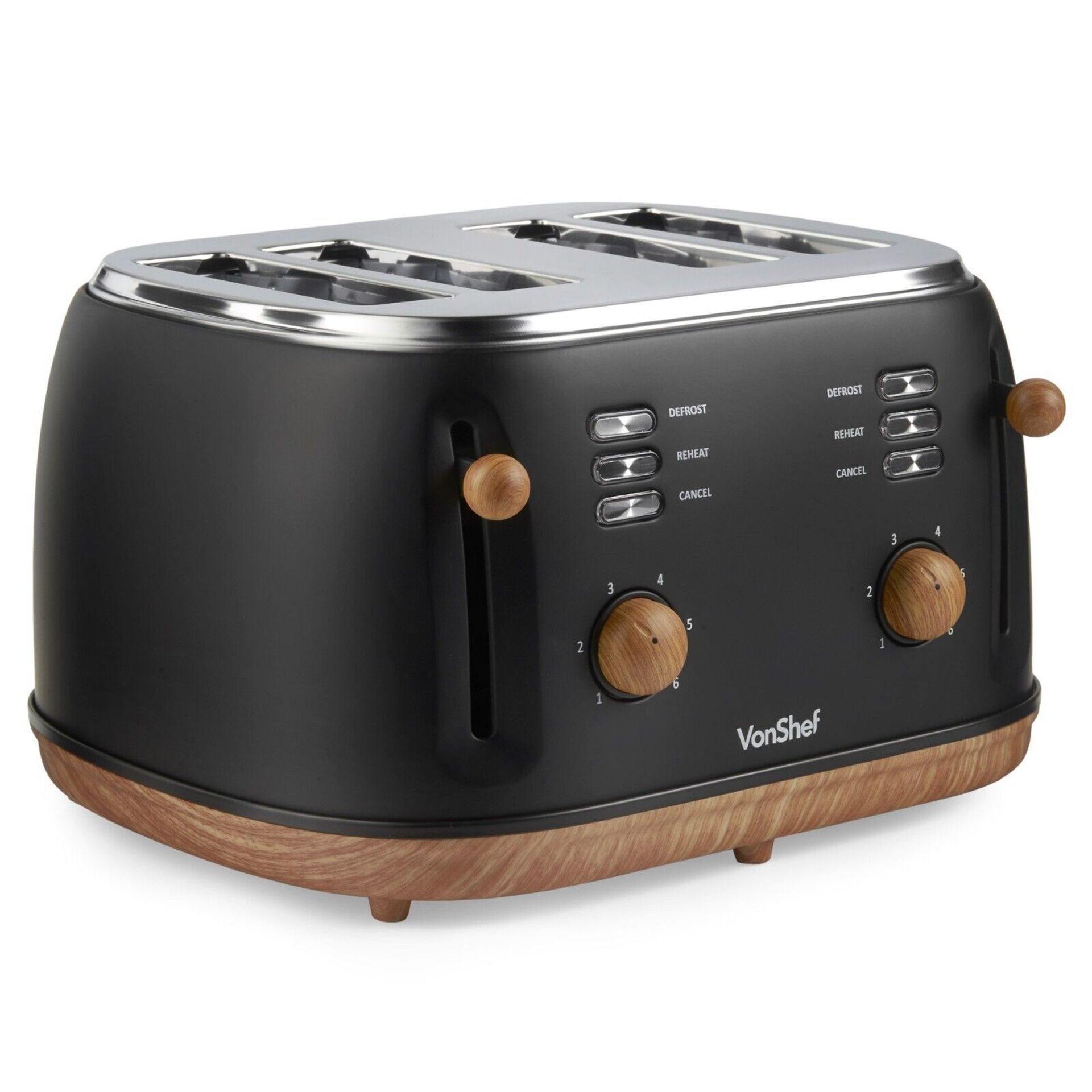 4 Slice Toaster - Nordic Matte Black and Wood Design 1500w - Fika Range - ER36