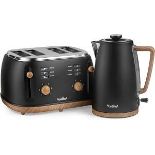 Black Kettle and Toaster Set With 1.7L Rapid Boil Kettle 3000W and 4 Slice Toaster 1500W - Fika