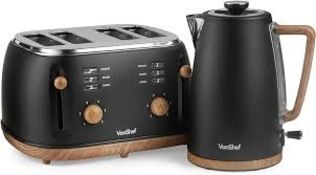 Black Kettle and Toaster Set With 1.7L Rapid Boil Kettle 3000W and 4 Slice Toaster 1500W - Fika