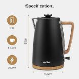 Electric Kettle - 1.7L Rapid Boil, Black Nordic Design, Boil-Dry Protection, Automatic Shut Off