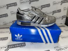 ADIDAS MICROPACER SIZE 9.5 SILVER WITH BLACK STRIPES