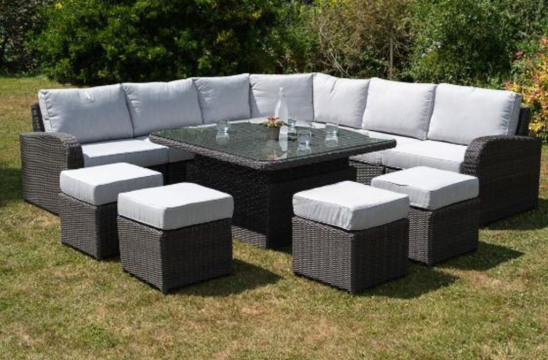 Brand New Moda Furniture, 10 Seater Outdoor Rise and Fall Table Dining Set in Natural with Cream - Image 3 of 6