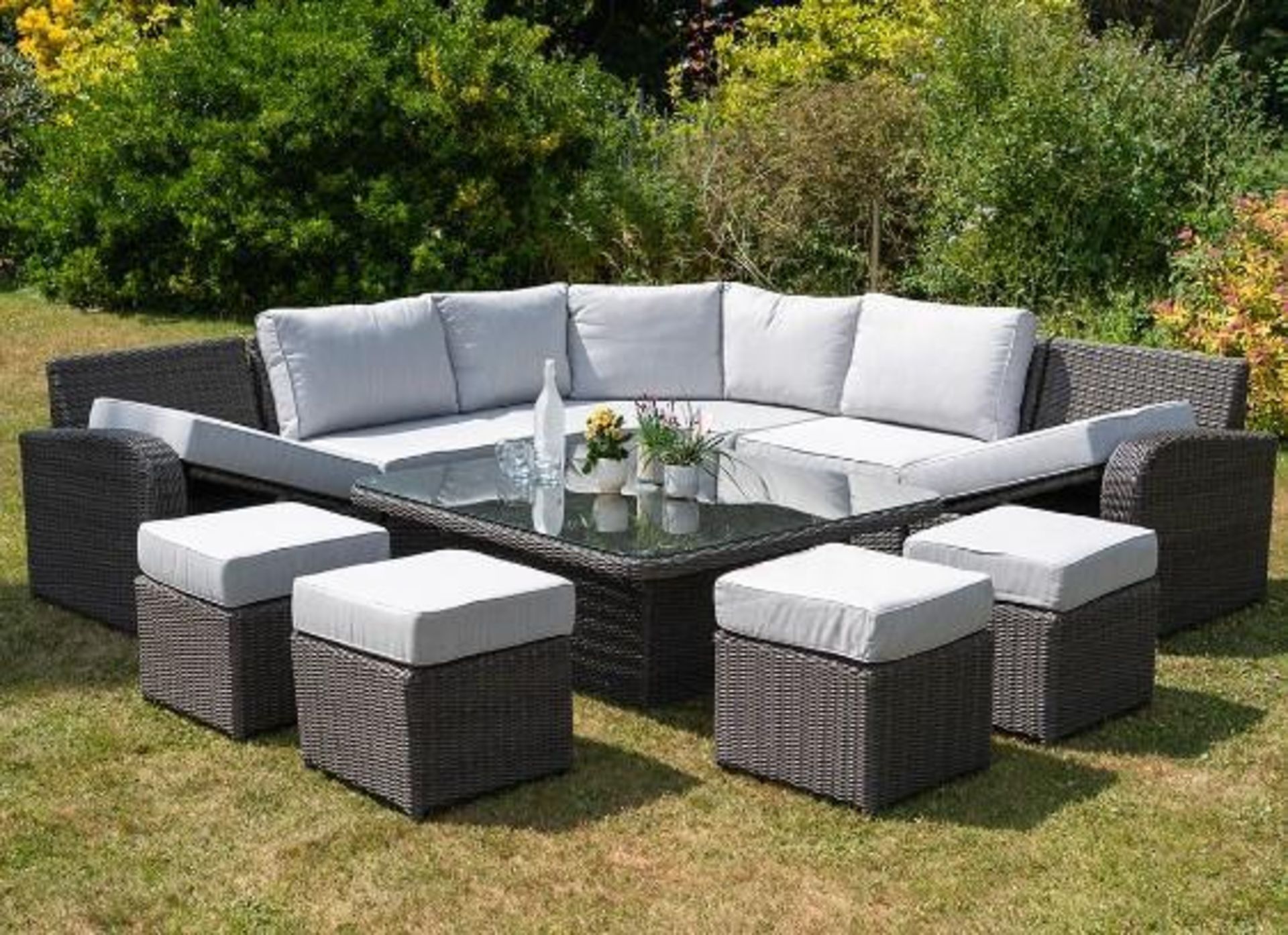 Brand New Moda Furniture, 10 Seater Outdoor Rise and Fall Table Dining Set in Natural with Cream - Image 2 of 6