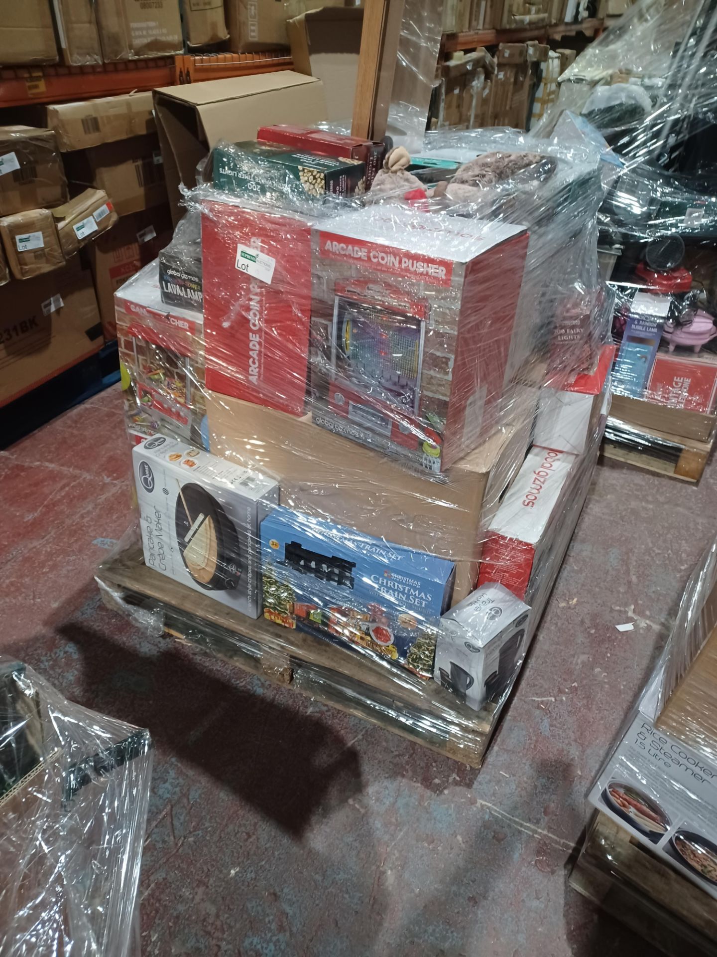 Pallet of Goods to contain; Pancake Maker, Kitchen Goods, Arcade Kids Games, Fairy LED Lights,