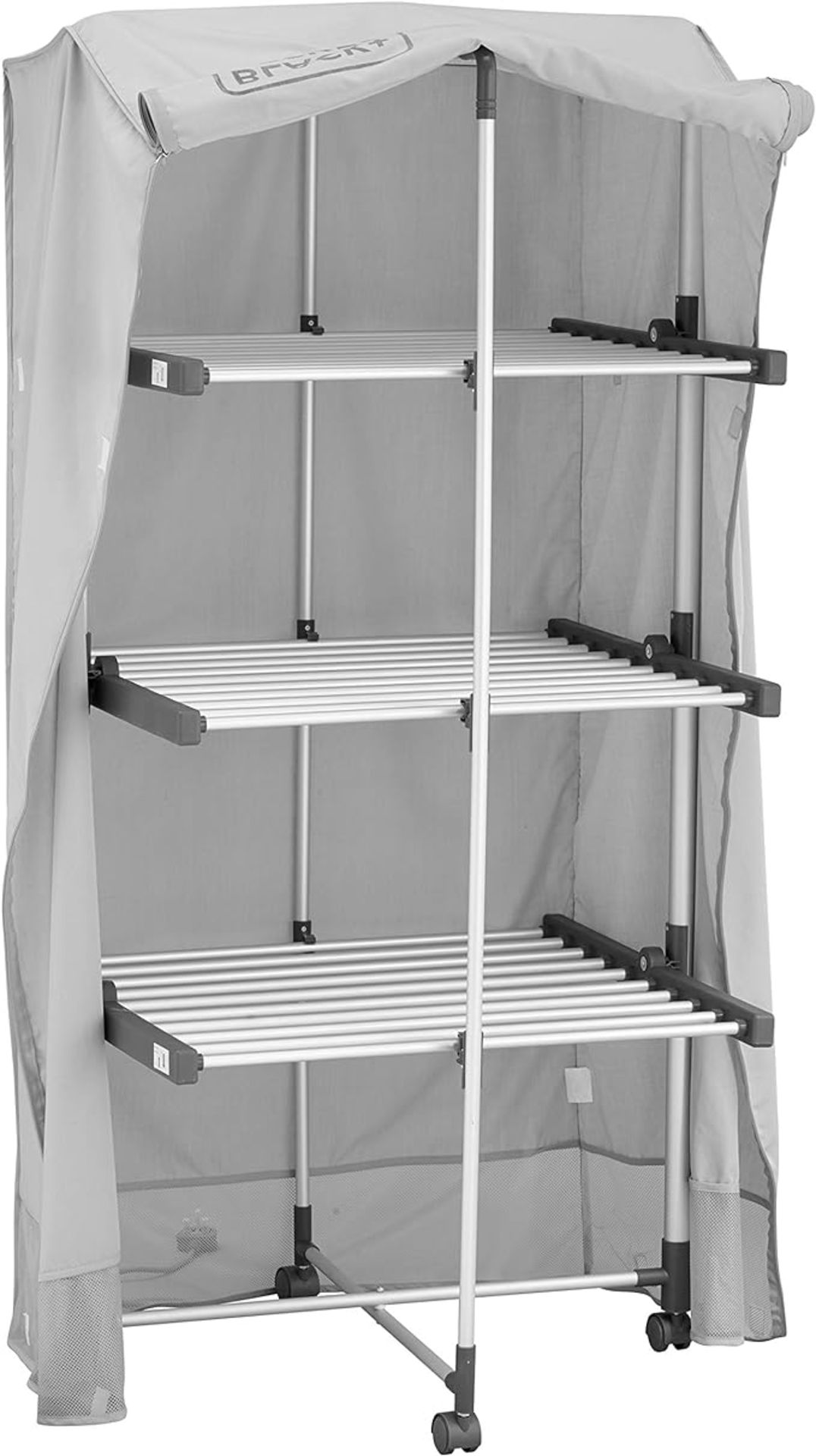 BLACK+DECKER 63091 3-Tier Heated Clothes Airer with Cover & Wheels Aluminium, Cool Grey, 140cm x