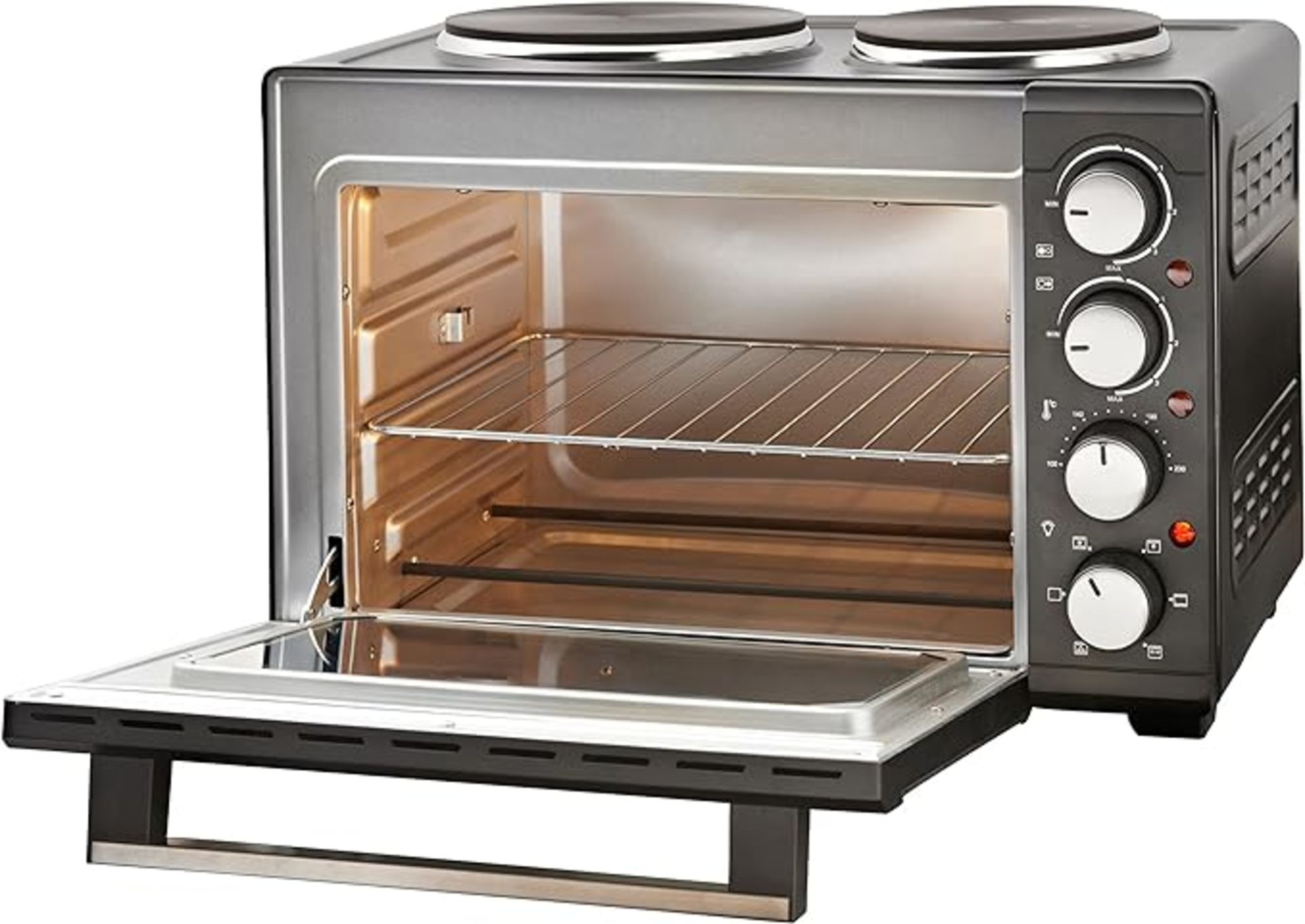 Quest 35379 26L Twin Hob Countertop Rotisserie and Convection Mini Oven/Adjustable Temperature. -