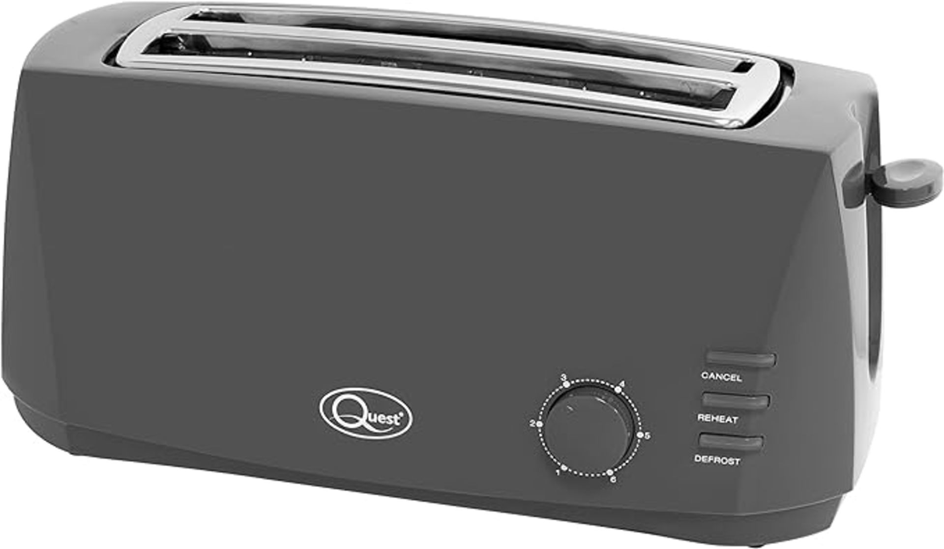 Quest 4 Slice Toaster Grey - Extra Wide Long Slots for Crumpets and Bagels - 6 Settings - Reheat and