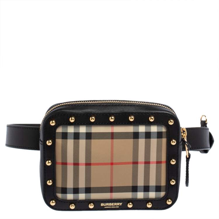 Genuine Burberry Beige/Black Nova Check Canvas and Leather Studded Elise Belt Bag Genuine