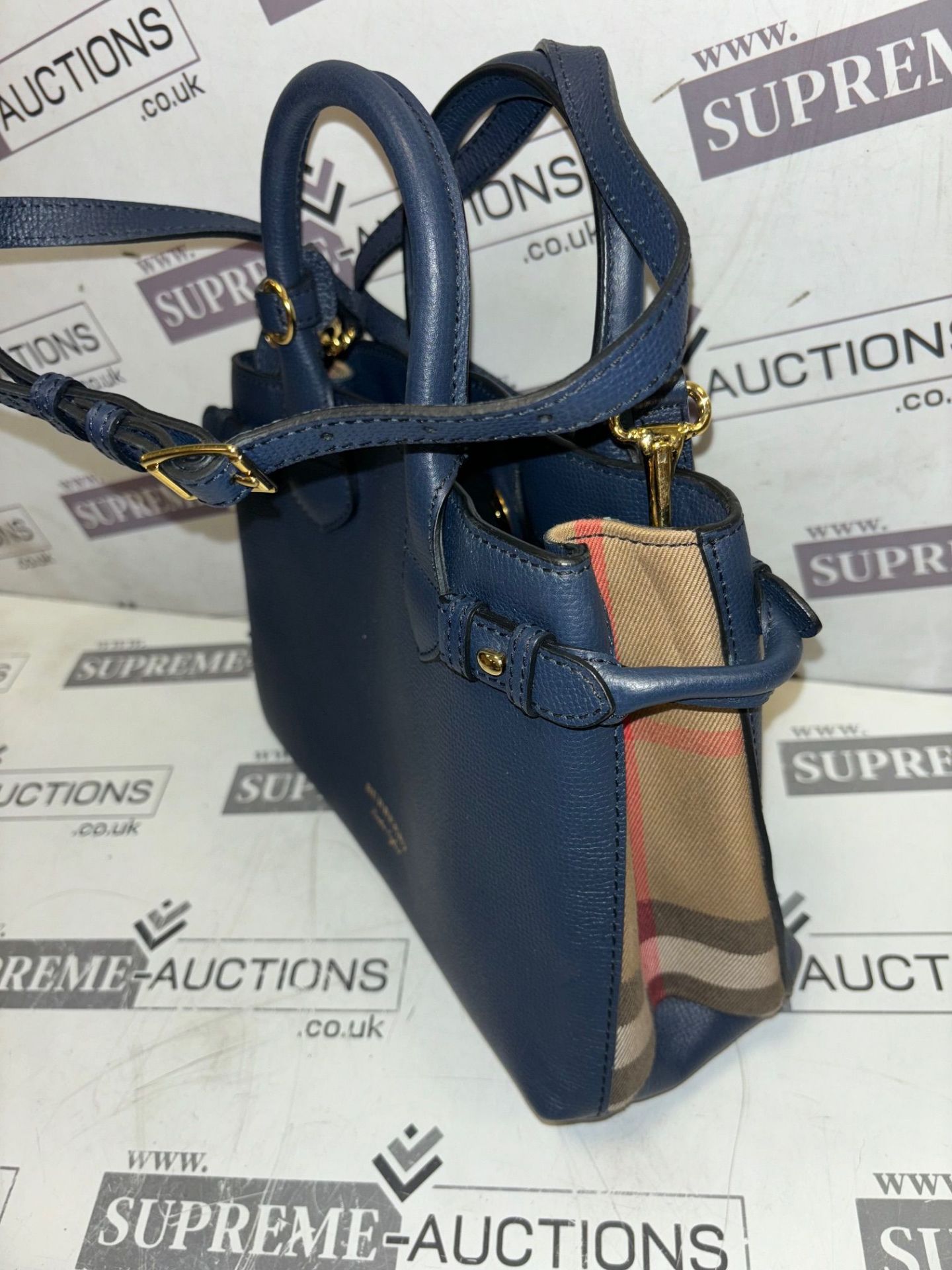 Genuine Burberry Navy Blue/Beige House Check Canvas and Leather Mini Banner - Image 4 of 8