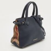 Genuine Burberry Navy Blue/Beige House Check Canvas and Leather Mini Banner