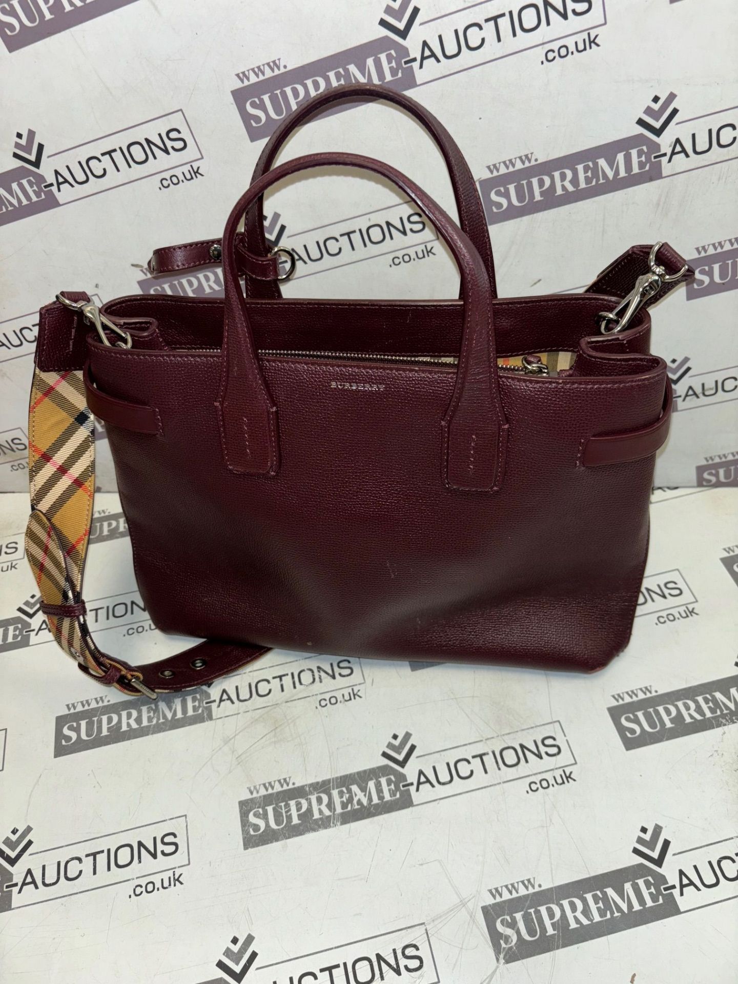 Genuine Burberry Derby Calfskin House Check Banner Tote Mahogany Red - Image 3 of 8