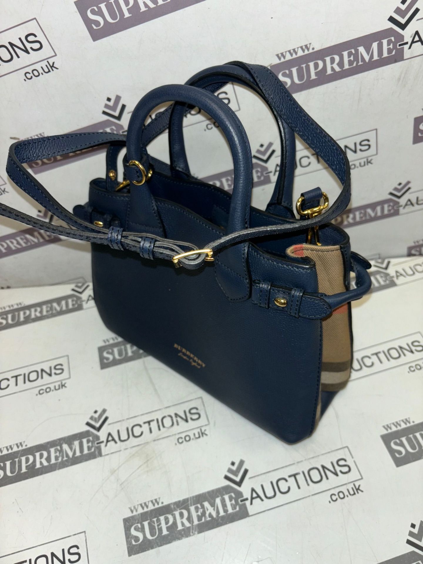 Genuine Burberry Navy Blue/Beige House Check Canvas and Leather Mini Banner - Image 3 of 8