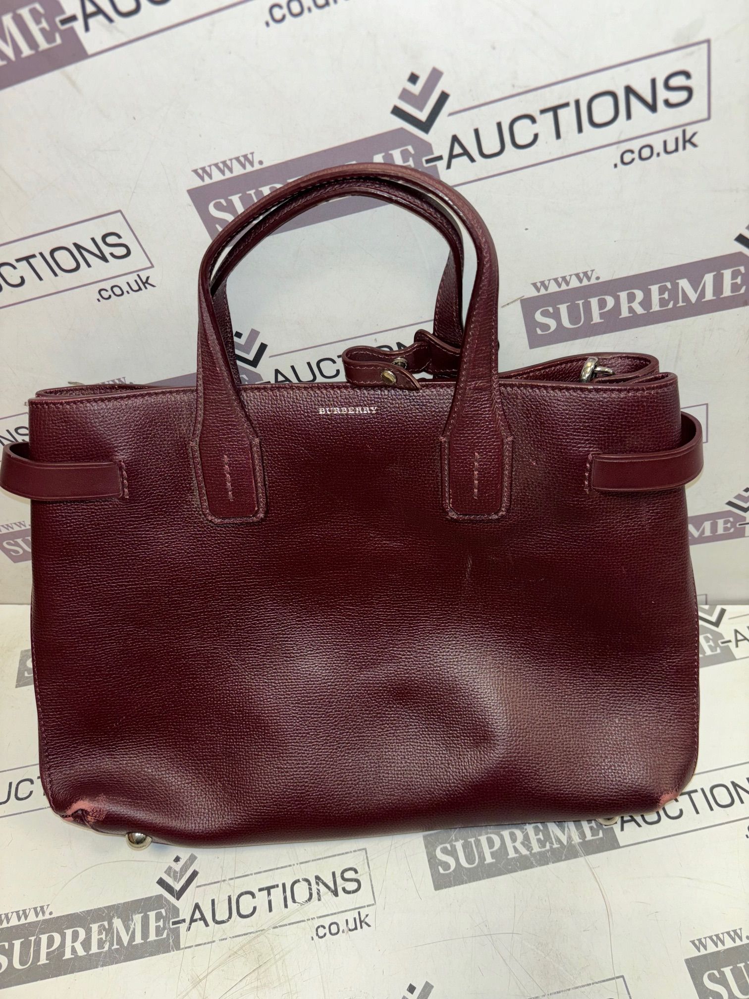 Genuine Burberry Derby Calfskin House Check Small Banner Tote Mahogany Red - Image 2 of 10