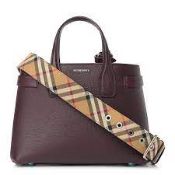 Genuine Burberry Derby Calfskin House Check Banner Tote Mahogany Red