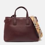 Genuine Burberry Derby Calfskin House Check Small Banner Tote Mahogany Red