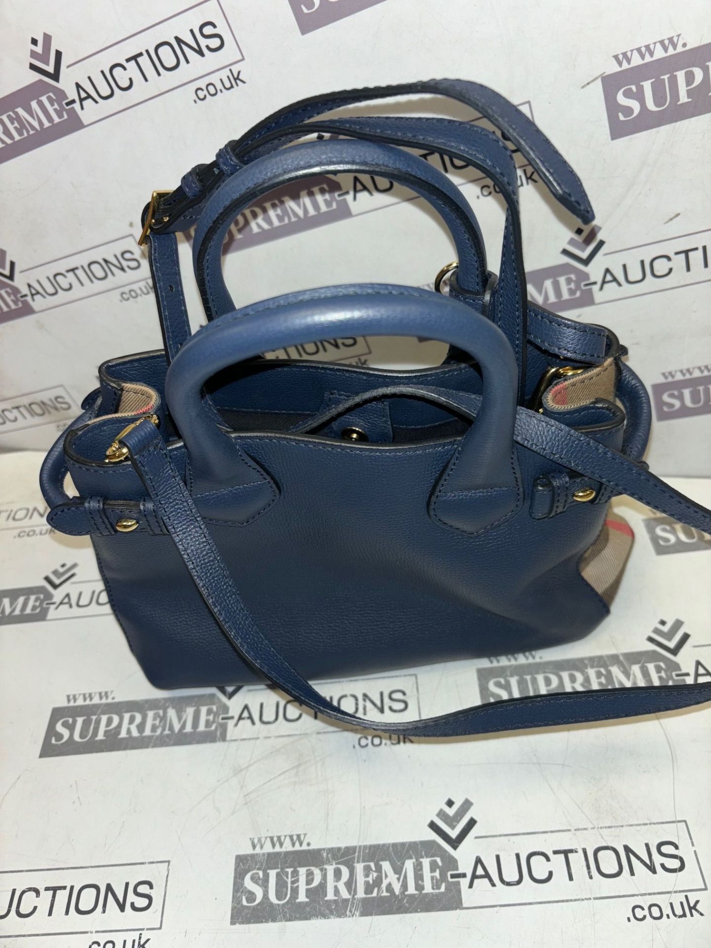 Genuine Burberry Navy Blue/Beige House Check Canvas and Leather Mini Banner - Image 5 of 8