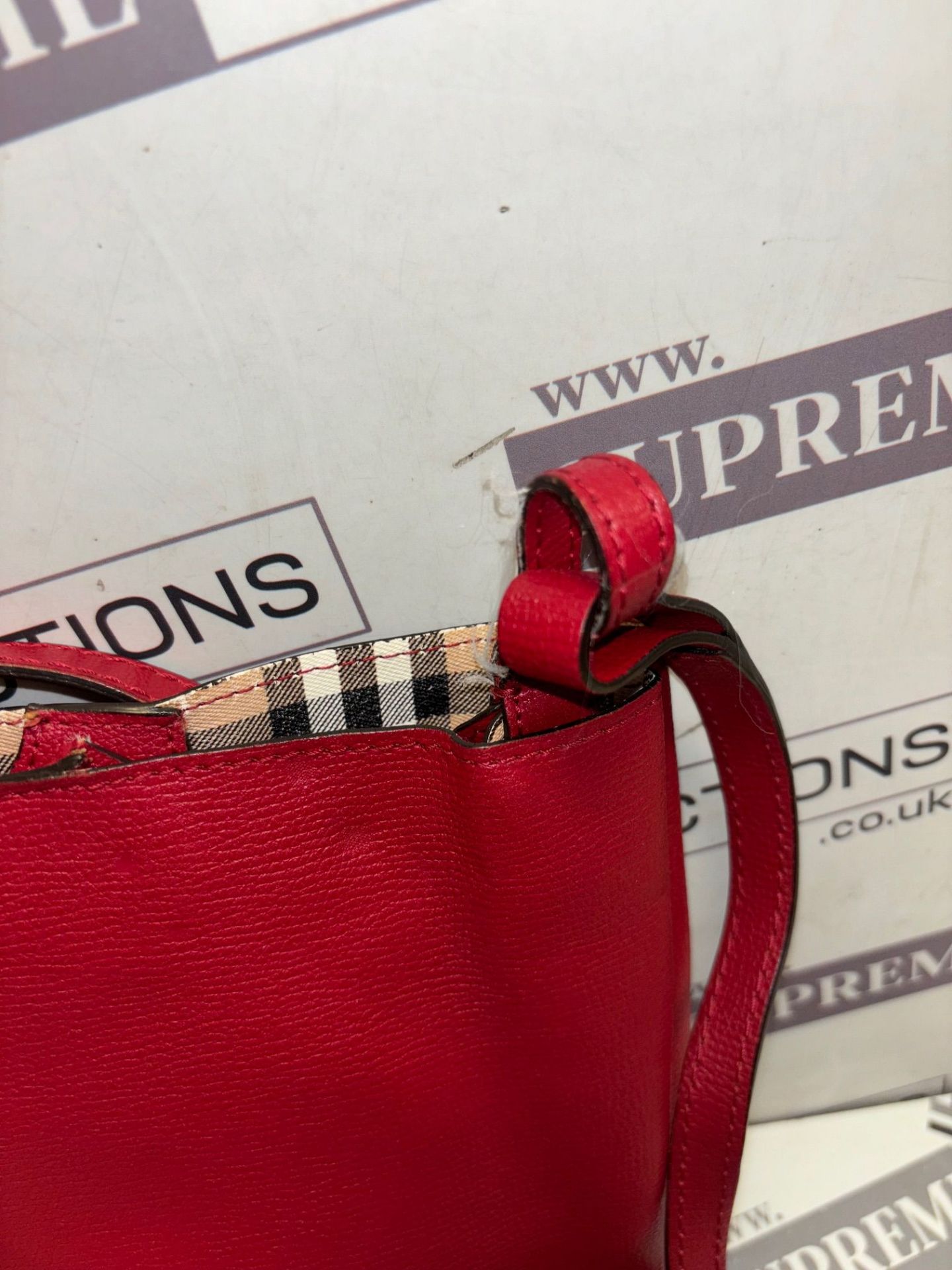 Genuine Burberry Lorne Bucket Bag Crossbody Red Leather Heymarket Check - Image 5 of 11