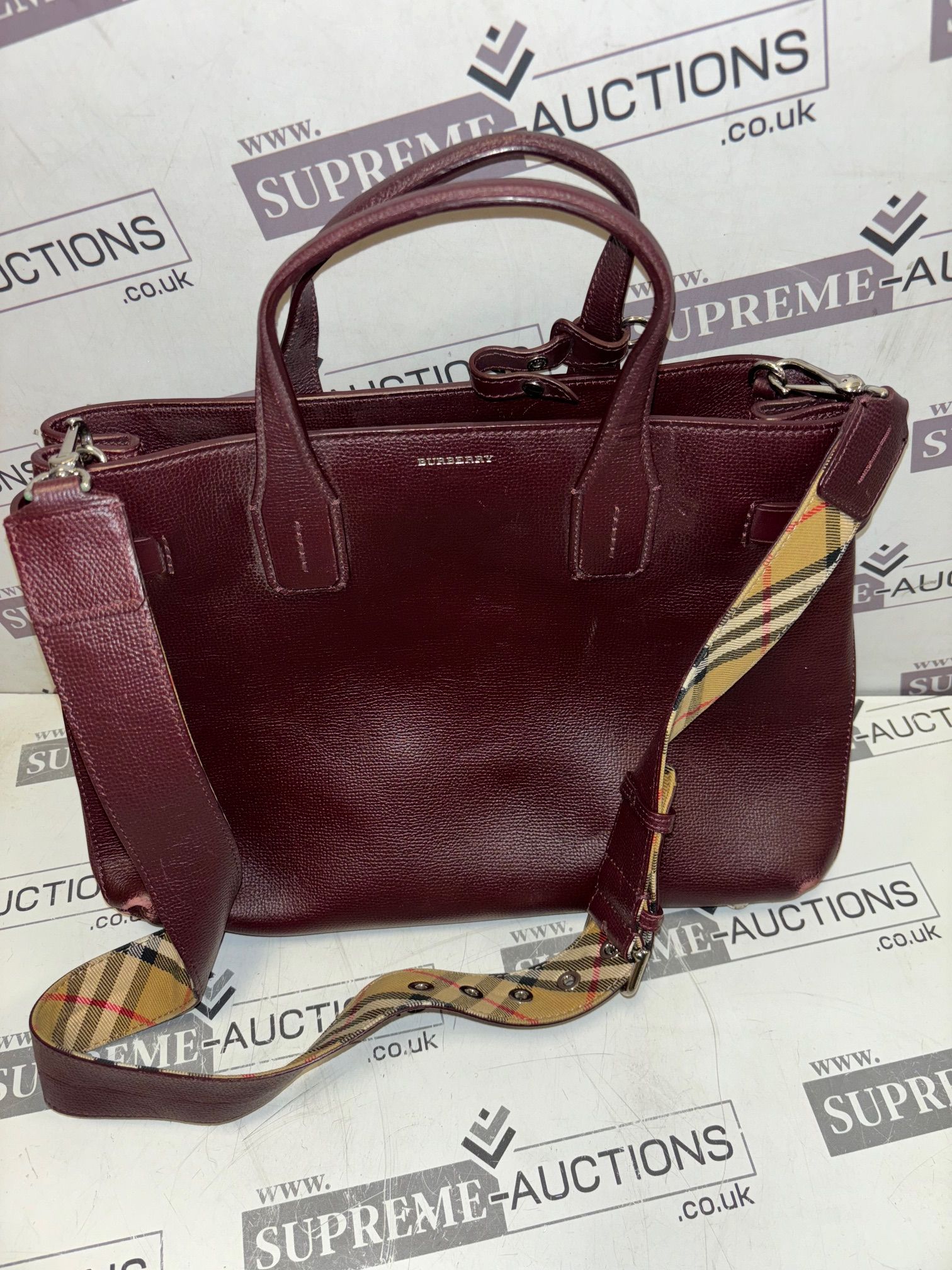 Genuine Burberry Derby Calfskin House Check Small Banner Tote Mahogany Red - Image 3 of 10