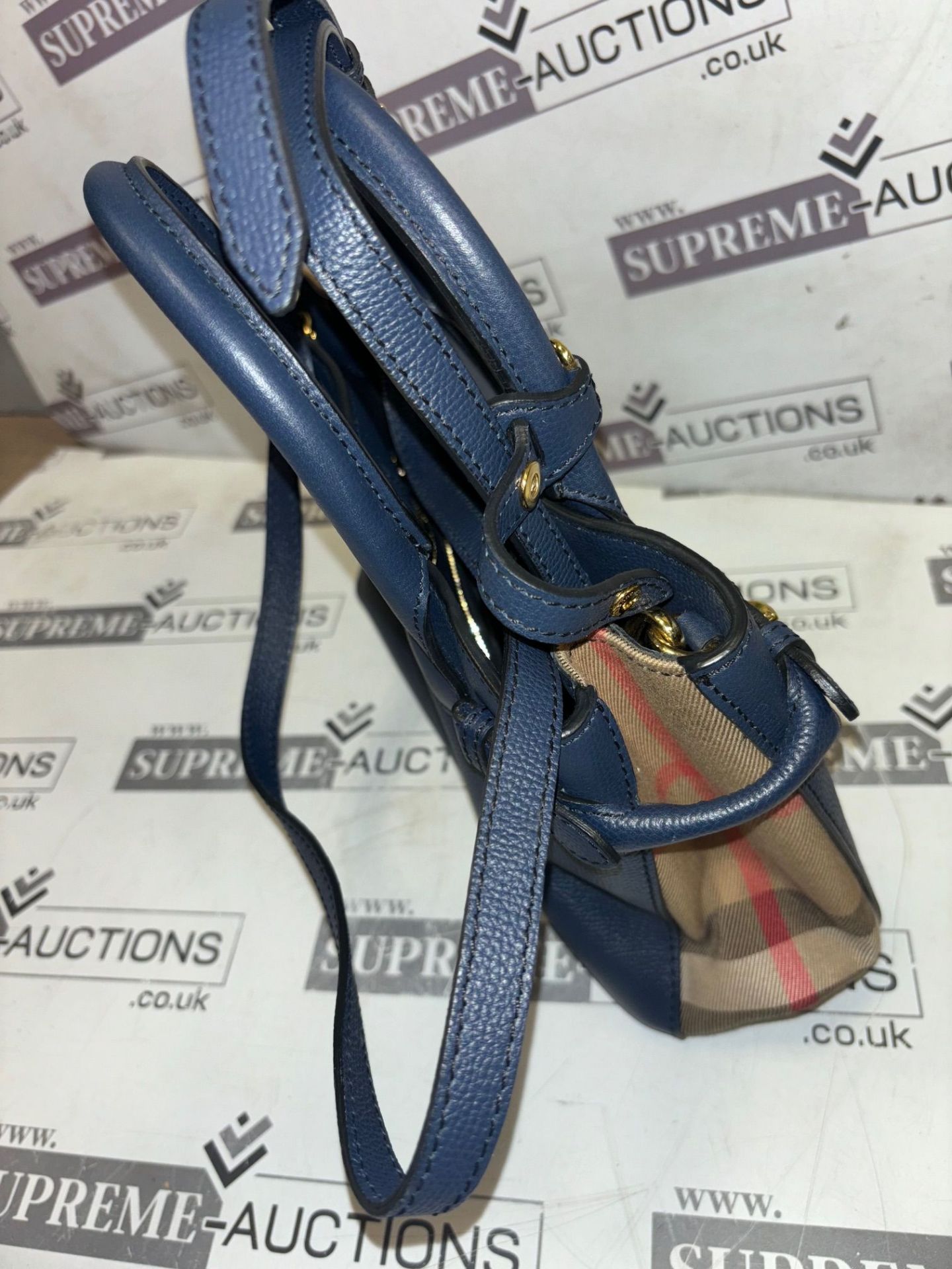 Genuine Burberry Navy Blue/Beige House Check Canvas and Leather Mini Banner - Image 6 of 8