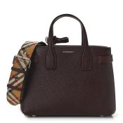 Genuine Burberry Derby Calfskin House Check Small Banner Tote Mahogany Red