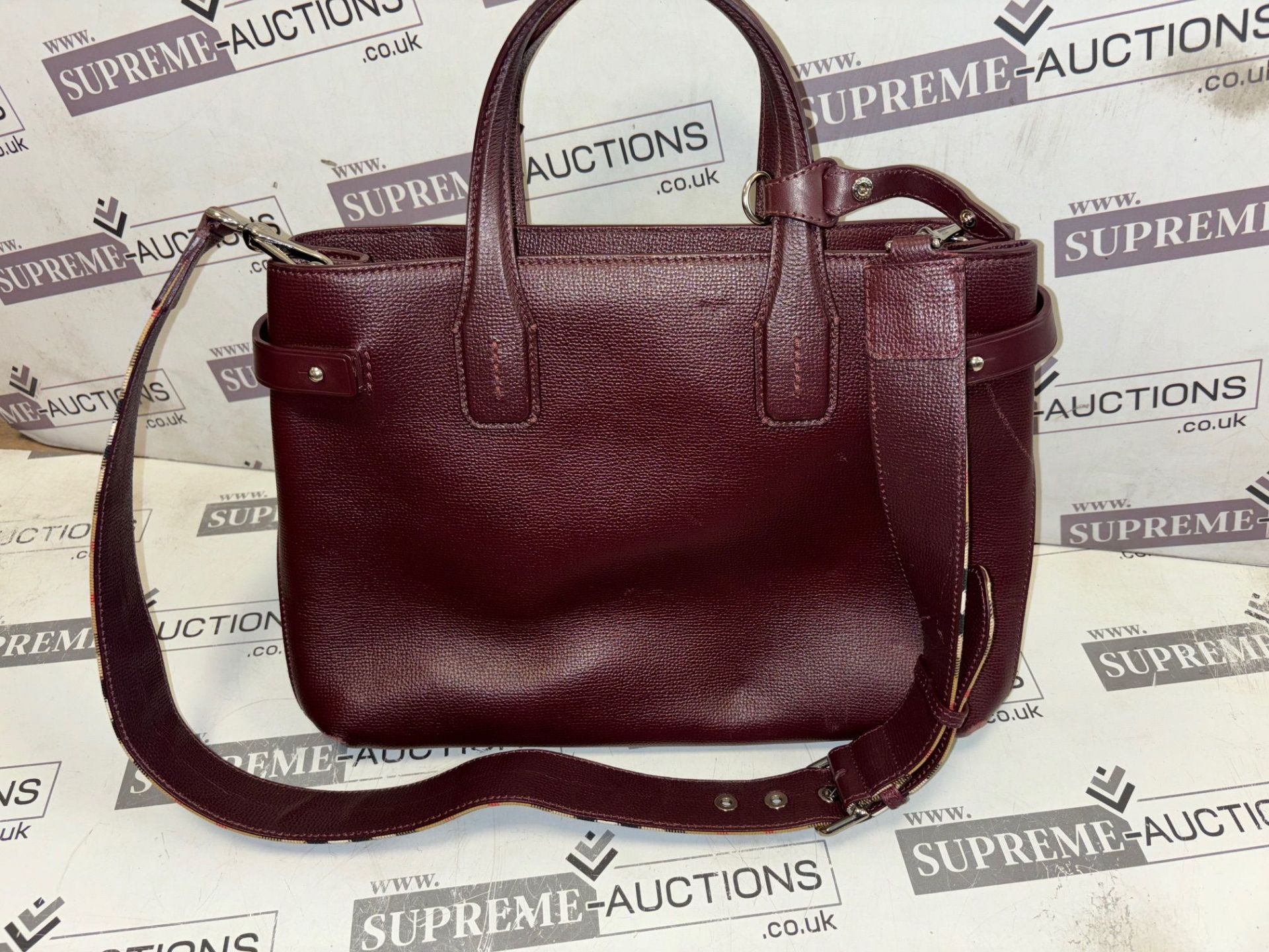 Genuine Burberry Derby Calfskin House Check Banner Tote Mahogany Red - Image 6 of 8